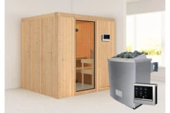 KARIBU Sodin Sauna , Naturbelassen, Fichte, 196x170x198 Cm, Fronteinstieg, Klarglastür, Ofen 4,5 KW Ext. Strg. Easy