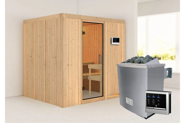 KARIBU Sodin Sauna , Naturbelassen, Fichte, 196x170x198 Cm, Fronteinstieg, KlarglastĂĽr, Ofen 4,5 KW Ext. Strg. Easy