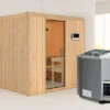 KARIBU Sodin Sauna , Naturbelassen, Fichte, 196x170x198 Cm, Fronteinstieg, Klarglastür, Ofen 4,5 KW Bio Ext. Strg.