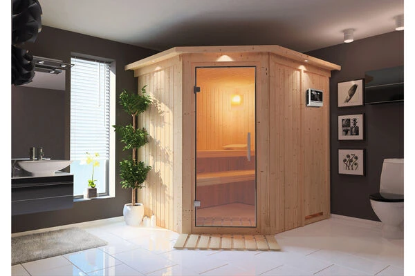 KARIBU Siirin Sauna , Naturbelassen, Fichte, 210x184x202 Cm, Eckeinstieg, Klarglastür U. Kranz, Ofen 4,5 KW Ext. Strg. Easy