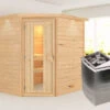 KARIBU Mia Sauna , Naturbelassen, Fichte, 224x184x202 Cm, Energiespartür U. Kranz,Ofen 4,5 KW Integr. Strg.