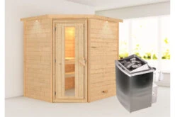 KARIBU Mia Sauna , Naturbelassen, Fichte, 224x184x202 Cm, Energiespartür U. Kranz,Ofen 4,5 KW Integr. Strg.