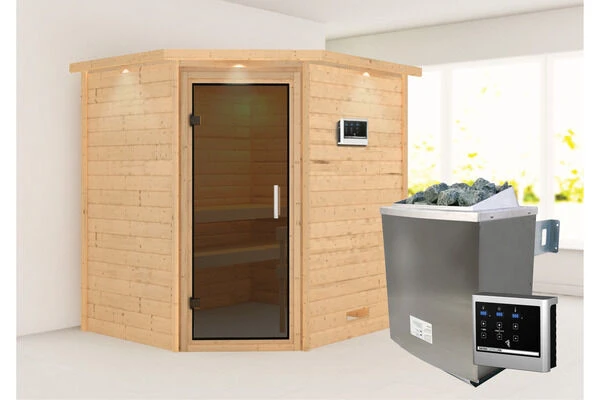 KARIBU Mia Sauna , Naturbelassen, Fichte, 224x184x202 Cm, Graphitfarbene Tür U.Kranz, Ofen 4,5 KW Ext. Strg. Easy