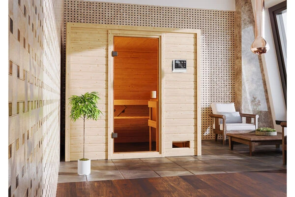 KARIBU Adelina Sauna , Naturbelassen, Fichte, 195x169x187 Cm,SETOfen 4,5 KW Bio Ext. Strg. Easy