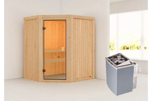 KARIBU Faurin Sauna , Naturbelassen, Fichte, 170x151x198 Cm,SETOfen 4,5 KW Integr. Strg.