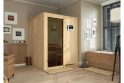 KARIBU Norin Sauna, Naturbelassen, Fichte, 151 X 151 X 198 Cm, Fronteinstieg, Mit Graphitfarbener Tür, SET Mit Ofen 4,5 KW Bio Ext. Strg.