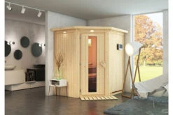 KARIBU Taurin Sauna, Naturbelassen, Fichte, 184 X 165 X 202 Cm, Eckeinstieg, Mit Energiespartür Und Kranz, SET Mit Ofen 4,5 KW Ext. Strg. Easy