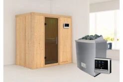 KARIBU Variado Sauna, Naturbelassen, Fichte, 196 X 118 X 198 Cm, Fronteinstieg, Mit Graphitfarbener Tür, SET Mit Ofen 4,5 KW Ext. Strg. Easy