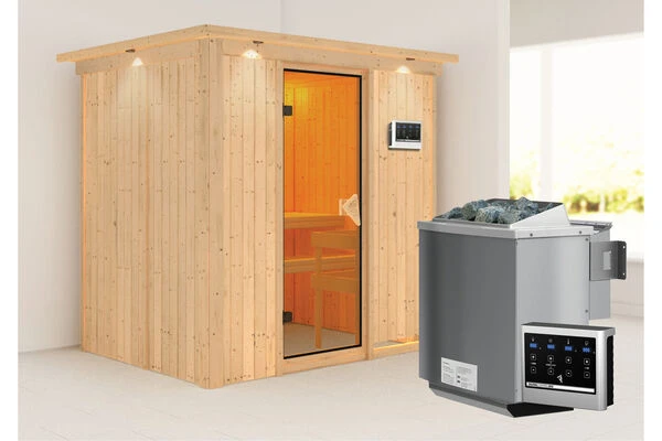 KARIBU Bodin Sauna, Naturbelassen, Fichte, 210 X 165 X 202 Cm, Fronteinstieg,mit Bronzierter Tür Und Kranz SETmit Ofen 4,5 KW Ext. Strg. Easy – Bild 2