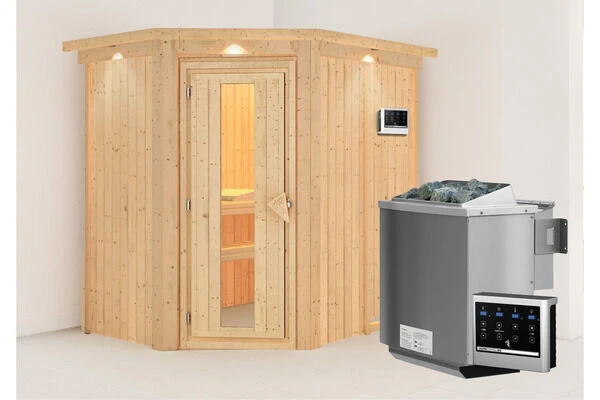 KARIBU Carin Sauna, Naturbelassen, Fichte, 210 X 165 X 202 Cm, Eckeinstieg,mit Energiespartür Und Kranz SETmit Ofen 4,5 KW Bio Ext. Strg. – Bild 2