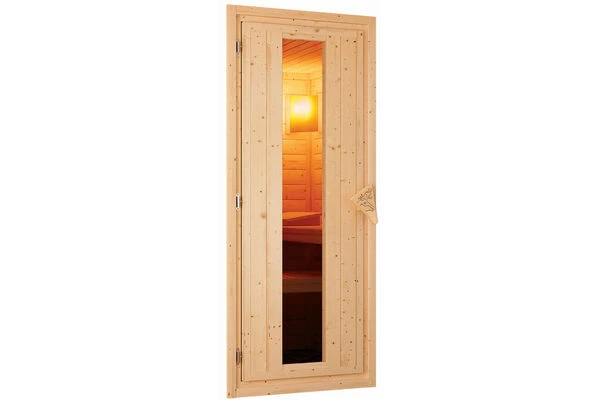 KARIBU Carin Sauna, Naturbelassen, Fichte, 210 X 165 X 202 Cm, Eckeinstieg,mit Energiespartür Und Kranz SETmit Ofen 4,5 KW Bio Ext. Strg. – Bild 3