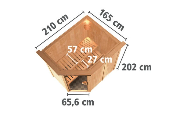 KARIBU Carin Sauna, Naturbelassen, Fichte, 210 X 165 X 202 Cm, Eckeinstieg,mit Energiespartür Und Kranz SETmit Ofen 4,5 KW Bio Ext. Strg. – Bild 5