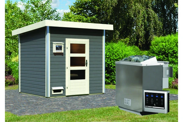 KARIBU Norge Saunahaus, Terragrau, Fichte, 231 X 196 X 190 Cm, Fronteinstieg, Mit Moderner Tür SETmit Ofen 9 KW Bio Ext. Strg.