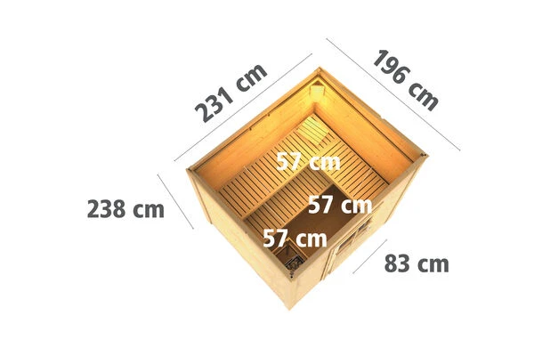 KARIBU Norge Saunahaus, Terragrau, Fichte, 231 X 196 X 190 Cm, Fronteinstieg, Mit Moderner Tür SETmit Ofen 9 KW Bio Ext. Strg. – Bild 5