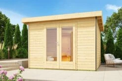 KARIBU Mainburg 1 Saunahaus, Naturbelassen, Fichte, 309x309x229 Cm, SET A Mit Doppelflügeltür, Vorraum Und 9 KW Ofen