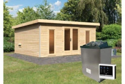 KARIBU Mainburg 4 Saunahaus, Naturbelassen, Fichte, 490x368x229 Cm, SET A Mit Doppelflügeltür, Vorraum Und 9 KW Ofen