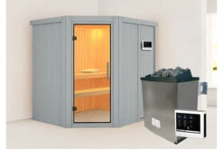KARIBU Siirin Sauna, Lichtgrau, Fichte, 196x170x198 Cm, Inkl. Eckeinstieg, Ganzglastür Und 4,5 KW Ofen Ext. Strg.