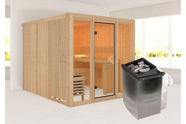 KARIBU Askja Sauna, Naturbelassen, Fichte, 216x234x198 Cm, Inkl. Fronteinstieg, Ganzglastür Und 9 KW Ofen Integr. Strg.