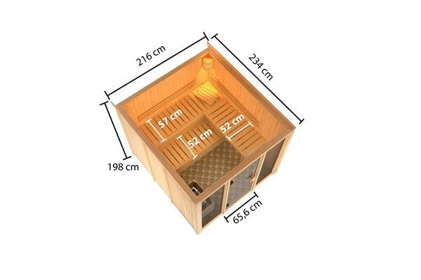 KARIBU Askja Sauna, Naturbelassen, Fichte, 216x234x198 Cm, Inkl. Fronteinstieg, Ganzglastür Und 9 KW Ofen Integr. Strg. – Bild 5