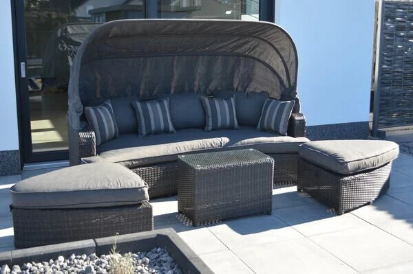 OUTFLEXX Houston Loungebett, Grau, Polyrattan, Doppel-halbrund, Viele Stellmöglichkeiten, Dach Klappbar – Bild 3
