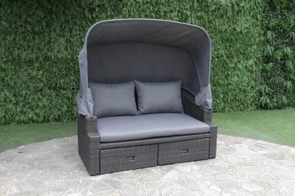 OUTFLEXX Fontana Loungebett, Grau, Polyrattan, Doppel-halbrund, Mit Unterschiebbaren Hockern, Dach Klappbar – Bild 3
