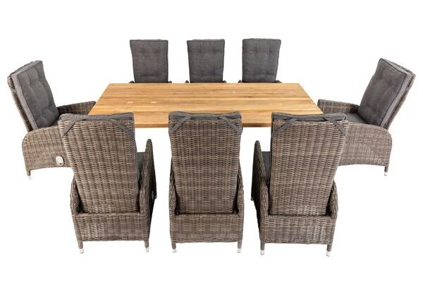 OUTFLEXX Esstischgarnitur, Edelstahl/recyceltes FSC-Teak, Tisch 220x100 Cm, 8 Hochlehner- Diningsessel, A-Gestell – Bild 3