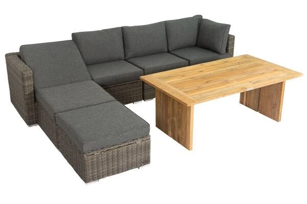 OUTFLEXX Loungegarnitur, Polyrattan/Teakholz, Tisch 160x90cm, Für 6 Personen, Wasserfeste Kissenbox – Bild 3
