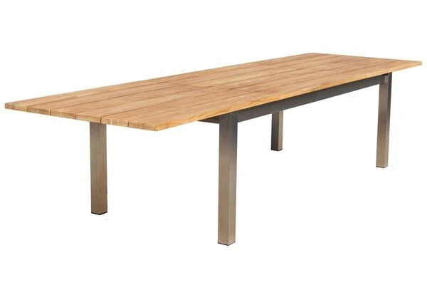 STERN Cardiff Esstischgruppe, Silber/taupe, Edelstahl/FSC-Teak, Tisch 220/340 X 100 Cm, 6 Stapelsessel – Bild 3