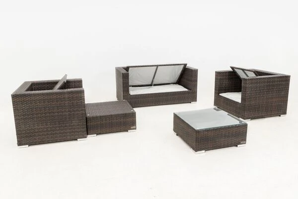 OUTFLEXX Loungemöbel-Set, Polyrattan, Braun Marmoriert, 5 Pers, Wasserfeste Kissenbox, Inkl. Beistelltisch – Bild 4