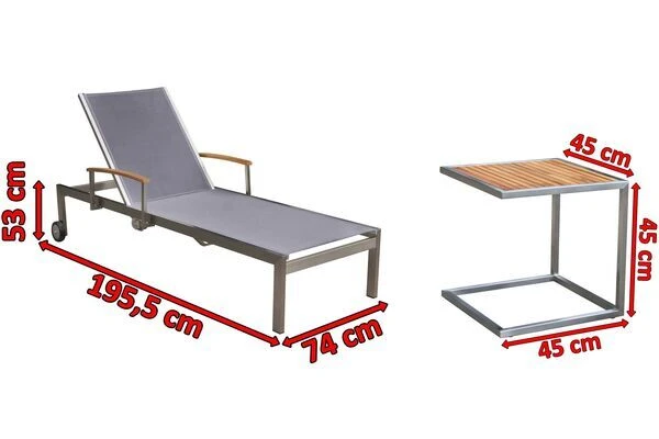 OUTFLEXX Sonnenliegen-Set, Taupe, Edelstahl/FSC-Teak, 195,5x74x35cm, Mit Armlehnen, Inkl. Beistelltisch 45x45cm – Bild 5