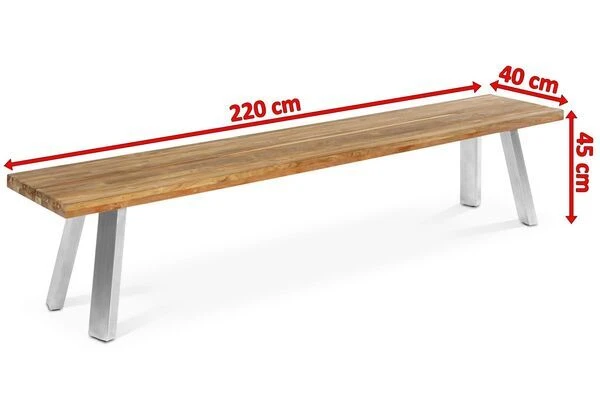 OUTFLEXX Gartenbank, Edelstahl/recyceltes FSC®-Teak, 220x40x45xm, A-Gestell, Rustikal Gebürstet – Bild 4