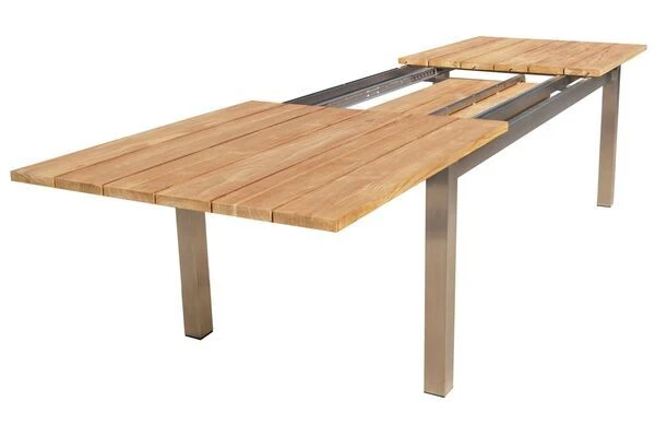 STERN Cardiff Esstischgruppe, Silber/taupe, Edelstahl/FSC-Teak, Tisch 220/340 X 100 Cm, 6 Stapelsessel – Bild 4
