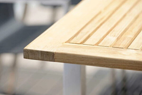 STERN Cardiff Esstischgarnitur, Silber/taupe, Edelstahl/Textilen/FSC-Teakholz, 162/220 X 90 Cm, 6 Stapelsessel, Butterfly-Auszug â Bild 4