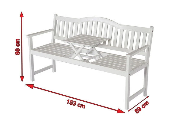 VILLANA Gartenbank, Weiß, Akazienholz, 152 X 59 X 86 Cm, 2-3 Personen, Klapptisch-Funktion – Bild 5