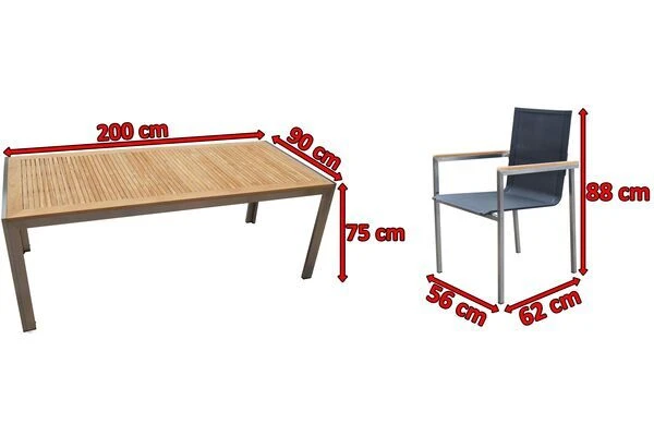 OUTFLEXX Set, Schwarz, Edelstahl/Teak, Esstisch 200 X 90 Cm, 6 Stapelstühle – Bild 5