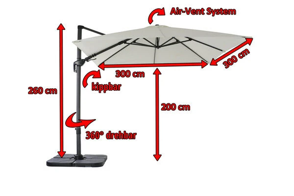 OUTFLEXX Ampelschirm, Creme, Pulverbesch. Aluminium, 300x300 Cm, Inkl. Plattenständer, Twist-Funktion – Bild 5