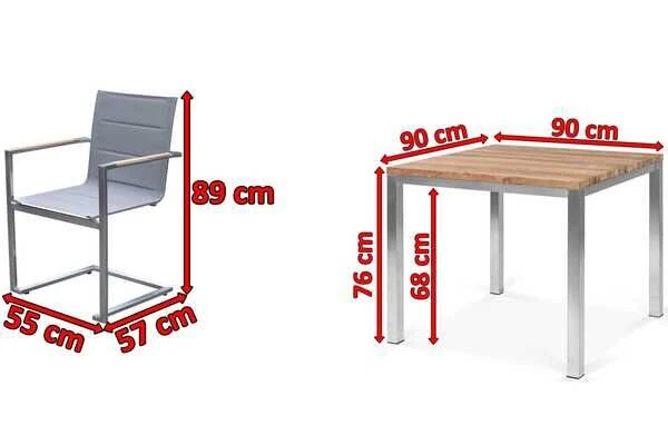 OUTFLEXX Esstischgarnitur, Edelstahl / Recyceltes FSC-Teak, Tisch 90 X 90 Cm, 4 Freischwinger Padded, Silber – Bild 5