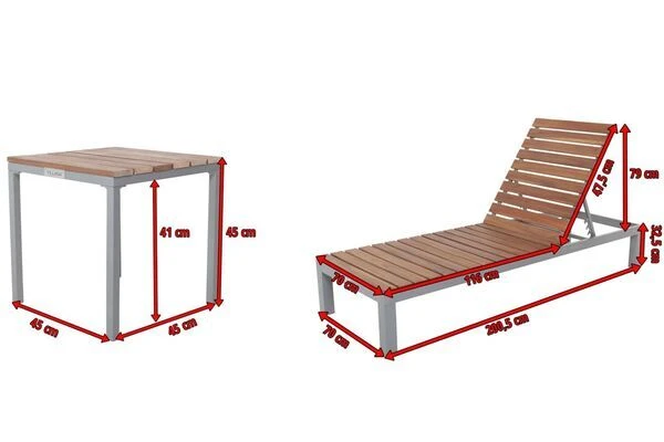 Villana 2er Sonnenliegen-Set, Alu/FSC-Akazienholz, 201x70x32,5cm, 4-fach Verstellbar, Mit Beistelltisch 45x45cm – Bild 5