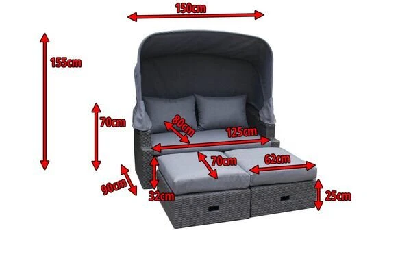 OUTFLEXX Fontana Loungebett, Grau, Polyrattan, Doppel-halbrund, Mit Unterschiebbaren Hockern, Dach Klappbar – Bild 5