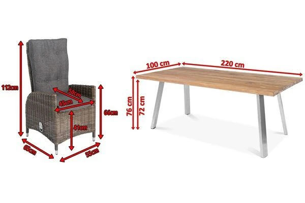 OUTFLEXX Esstischgarnitur, Edelstahl/recyceltes FSC-Teak, Tisch 220x100 Cm, 8 Hochlehner- Diningsessel, A-Gestell – Bild 5
