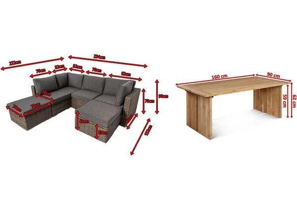 OUTFLEXX Loungegarnitur, Polyrattan/Teakholz, Tisch 160x90cm, Für 6 Personen, Wasserfeste Kissenbox – Bild 5