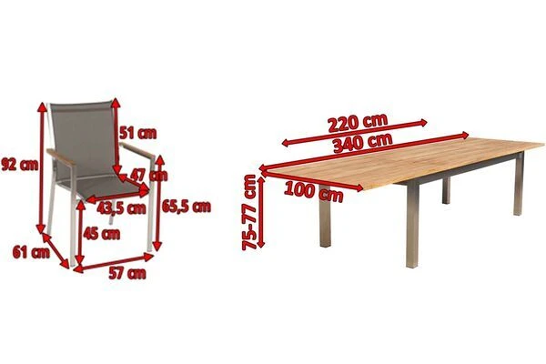 STERN Cardiff Esstischgruppe, Silber/taupe, Edelstahl/FSC-Teak, Tisch 220/340 X 100 Cm, 6 Stapelsessel – Bild 5