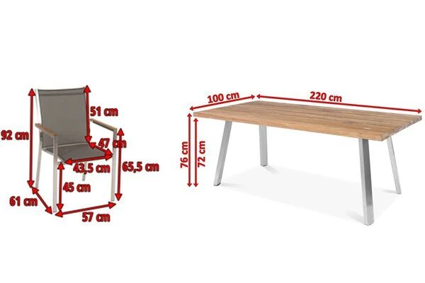 STERN Cardiff Esstischgruppe, Silber/taupe, Edelstahl/Teak, Tisch A-Gestell 220 X 100 Cm, 6 Stapelsessel â Bild 5