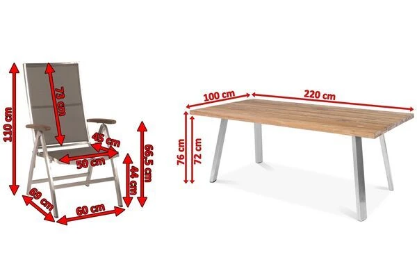 STERN Cardiff Esstischgruppe, Silber/taupe, Edelstahl/Teak, Tisch A-Gestell 220 X 100 Cm, 6 Multipositionssessel – Bild 5