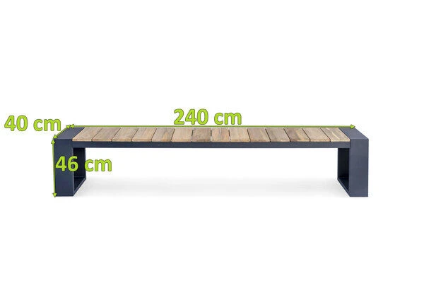 OUTFLEXX Kona Bank, Dark Grey/natur, Alu/recycled FSC®-Teak, 240x40x45cm, Rustikal Gebürstet, U-Gestell – Bild 5