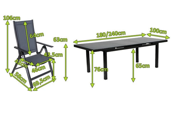 OUTFLEXX Premium Esstischgarnitur, Anthrazit/grau, Alu/Textilene, Ausziehtisch 180/240x100cm, 8 Multipositionssessel – Bild 5