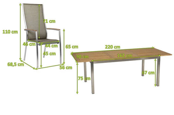 STERN Cardiff Esstischgarnitur, Silber/taupe, Edelstahl/Textilen/FSC-Teakholz, 162/220 X 90 Cm, 6 Stapelsessel, Butterfly-Auszug â Bild 5