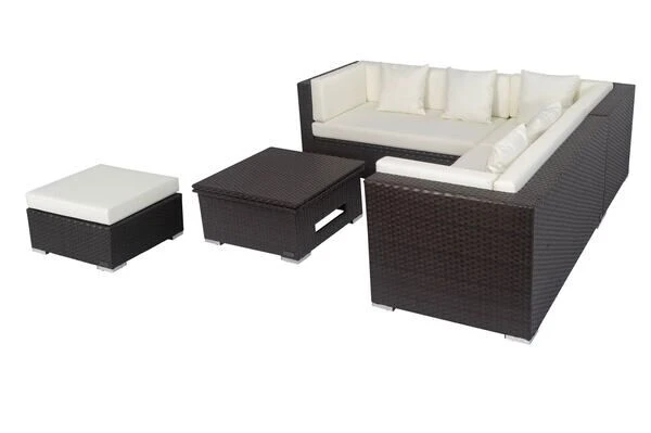 OUTFLEXX Loungemöbel-Set, Braun, Polyrattan, 6 Personen, Wasserfeste Kissenbox, Inkl. Loungetisch – Bild 6