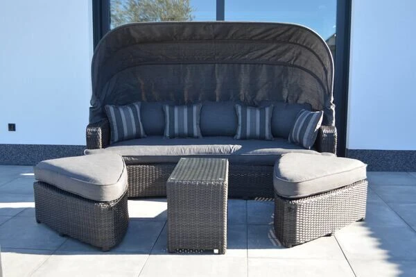 OUTFLEXX Houston Loungebett, Grau, Polyrattan, Doppel-halbrund, Viele Stellmöglichkeiten, Dach Klappbar – Bild 6