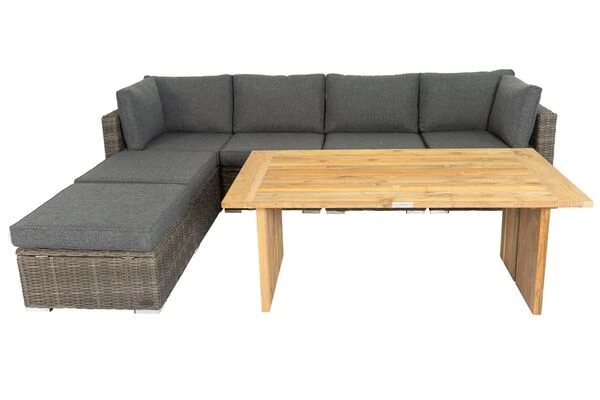 OUTFLEXX Loungegarnitur, Polyrattan/Teakholz, Tisch 160x90cm, Für 6 Personen, Wasserfeste Kissenbox – Bild 6